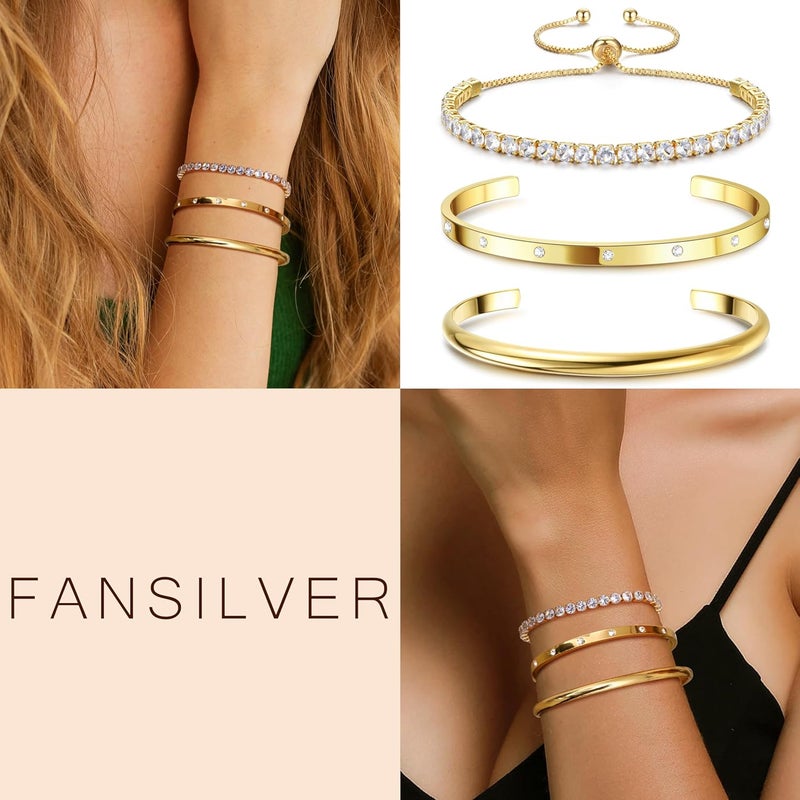 Fansilver 14K Gold Bracelets for Women Trendy Bangle Cuff Chain Bracelets Set Gold Plated Paperclip Bead Tennis Bracelet Chunky Gold Filled Bracelet Stack 3/4PCS - Image 3